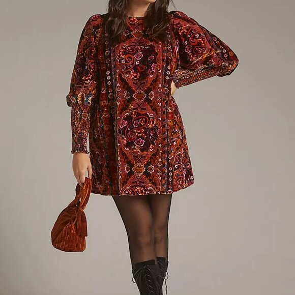 Retro Velvet Shift Puff Sleeve Mini Dress - Picture 2 of 16